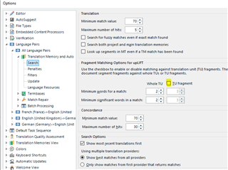 Trados Studio options menu showing Translation Memory and AutoSuggest settings with fragment recallrepair functionality turned off.