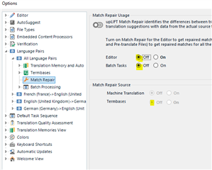 Trados Studio options menu highlighting Match Repair settings with the feature turned off.