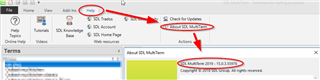 Screenshot showing Trados Studio with arrows pointing to 'Help' menu, 'About Studio', and 'About MultiTerm' options. Version numbers circled in red: MultiTerm 2019 - 15.0.3.56482.