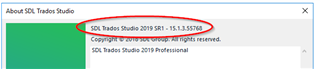 Close-up of 'About SDL Trados Studio' window with version number circled in red: SDL Trados Studio 2019 SR1 - 15.1.3.55768.