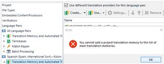 Trados Studio error message window overlaying the 'Project Settings' screen, with the message 'You cannot add a project translation memory to the list of main translation memories.' and an 'OK' button.