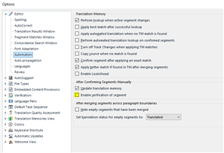 Trados Studio Options menu with Translation Memory settings showing various unchecked options such as 'Apply best match active segment changes' and 'Update translation memory on confirm'.