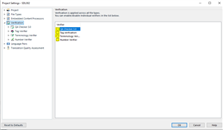 Trados Studio Project Settings window with Verification tab selected, displaying unchecked options for 'Tag verification', 'Punctuation', and 'Number verifier'.