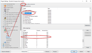 Trados Studio project settings window showing embedded content processor options with entity conversion settings highlighted, including ampersand and apostrophe entities.