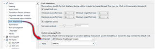 Trados Studio settings window showing font adaptation options with default font set to 'Default SourceView Font'.
