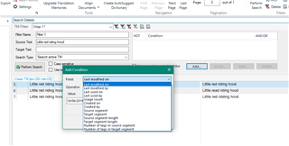Trados Studio screenshot of the Advanced Search window with a dropdown menu open displaying various search parameters such as 'Last modified on'.