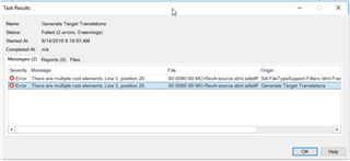 Trados Studio Task Results dialog box showing an error message 'Generate Target Translations' failed with details 'There are multiple root elements. Line 3, position 2.'