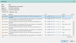 Trados Studio Task Results window showing multiple warnings for unsupported .icml file versions during project creation.
