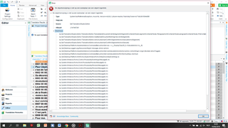 Trados Studio error message 'de objectverwijzing is niet op een exemplaar van een object ingesteld' displayed on screen with a list of error details in the background.