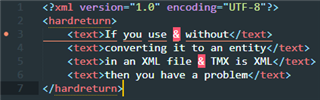 Screenshot of Trados Studio editor showing XML code with validation errors highlighted in red, indicating problems with the use of '&' symbol.