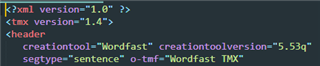 Screenshot of TMX file header showing XML version and encoding with Wordfast as the creation tool and version 5.53q.
