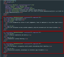Code snippet of a TMX file with Translation Units highlighted in red squares, indicating the structure to be removed if containing invalid XML characters.