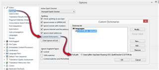 Trados Studio Options dialog showing Editor settings with Spelling section highlighted, displaying Hunspell dictionary locations.