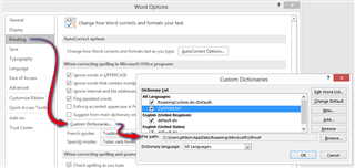 Microsoft Word Options dialog showing Proofing settings with Custom Dictionaries section highlighted, displaying available dictionaries.
