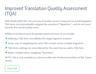 Screenshot of Trados Studio's Improved Translation Quality Assessment (TQA) feature, highlighting enhancements such as auto-propagated TQA items, easier TQA item deletion, and better visibility in 'Serverfiles'. Note mentions Professional edition exclusivity.