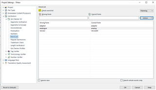 Trados Studio Project Settings window showing the Language Pairs section with a Word List tab open. The list contains two columns: 'Wrong form' and 'Correct form' with sample words listed. A warning icon is visible next to the 'Correct form' column header.