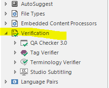 Screenshot of Trados Studio showing the Verification menu expanded with options QA Checker 3.0, Tag Verifier, Terminology Verifier, and Studio Subtitling.