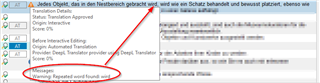 Trados Studio QA Checker warning highlighted, indicating 'Repeated word found' with an arrow pointing to the message.