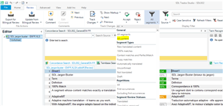 SDL Trados Studio interface showing the Review tab and display filter dropdown with 'All Content' filter selected.