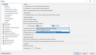 Options menu in SDL Trados Studio with 'Formatting Display Style' section showing dropdown menu with three options for tag and formatting visibility.
