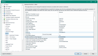 Trados Studio Options dialog box showing Keyboard Shortcuts tab with a list of actions and their corresponding default shortcut keys.