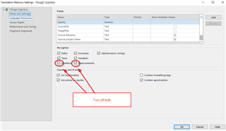 Trados Studio Translation Memory Settings dialog box with Fields tab open. Two options, 'Dates' and 'Measurements', are highlighted with red error icons and arrows pointing to checkboxes. A red annotation says 'Turn off both'.