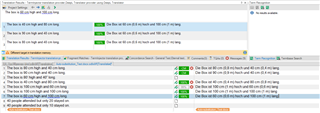Screenshot of Trados Studio's full view with a warning for a forgotten period in the source segment affecting segment accuracy.