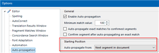 Trados Studio Options dialog showing Auto-propagation section with 'Next segment in document' selected in the Starting Position dropdown menu.