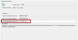 Trados Studio screenshot showing XLIFF 1.2 file type settings with file dialog wildcard expression '*.xlf;*.xliff'.