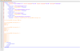 Screenshot of an XLIFF 1.2 file open in Notepad, showing code structure with 'XXX' placeholders for anonymized text.