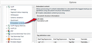 Trados Studio settings window with an arrow pointing to 'Embedded content' under 'Document structure information'.