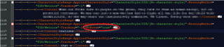Screenshot of Trados Studio showing code with a red underline highlighting 'kerning' with a 'nobreak' attribute.