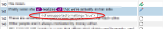 Trados Studio interface displaying a warning message for 'unsupportedformatting' with 'true' attribute in a text box.