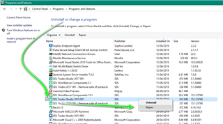 Control Panel window showing Programs and Features with a list of installed programs. Green arrows point to SDL Trados Studio 2021 and SDL MultiTerm 2021 with the option to 'UninstallChange'.
