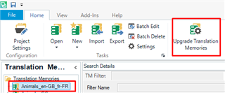 Trados Studio screenshot showing the 'Upgrade Translation Memories' button highlighted in the toolbar, with an orange triangle warning next to a translation memory labeled 'Animals_en-GB_fr-FR' in the list.