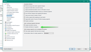 Trados Studio settings window with 'Enable Verification of Segment' option highlighted and disabled.