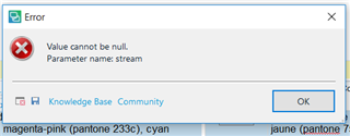 Error message window in Trados Studio stating 'Value cannot be null. Parameter name: stream' with an OK button.