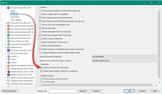 Trados Studio screenshot showing a list of Microsoft Word filetypes with options to select specific settings for each filetype.