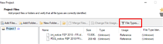 Trados Studio New Project window showing a list of files with 'File Types...' button highlighted.