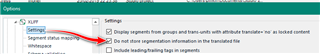 Trados Studio screenshot showing the Options menu with a red arrow pointing to the 'Export with native segmentation' checkbox under XLIFF Settings.