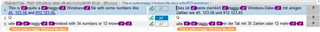 Screenshot of Trados Studio aligner tool showing two segments with mismatched tags highlighted in purple and orange.