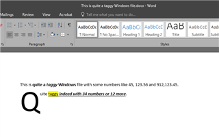 Screenshot of a Word document with a warning about a 'taggy' file and numbers listed, highlighting a potential formatting issue.