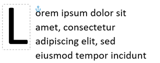 Screenshot showing a drop cap 'L' in a text box within a Word document, with 'orem ipsum dolor sit amet, consectetur adipiscing elit, sed eiusmod tempor incidunt' following it.