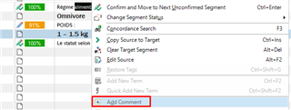Trados Studio screenshot showing the right-click context menu with 'Add Comment' option highlighted in blue.
