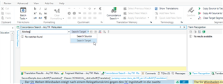 Trados Studio editor view showing no matches found in Concordance search with 'Search Source' and 'Search Target' options visible.