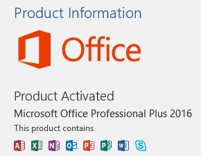 Screenshot showing Microsoft Office Product Information with 'Product Activated' status for Microsoft Office Professional Plus 2016.