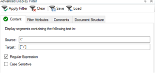 Trados Studio Advanced Display Filter window showing an attempt to filter segments with asterisks in the Source and none in the Target using regular expressions.