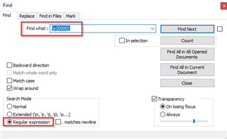 Notepad++ Find function window with 'Find what' field containing the text 'x0000' and 'Regular expression' search mode selected.