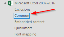 Screenshot showing Trados Studio file settings with a red arrow pointing to the 'Common' tab under 'Microsoft Excel 2007-2016'.
