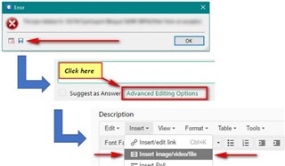 Error dialog box in Trados Studio with red arrows pointing to 'Click here' button and 'Advanced Editing Options'.